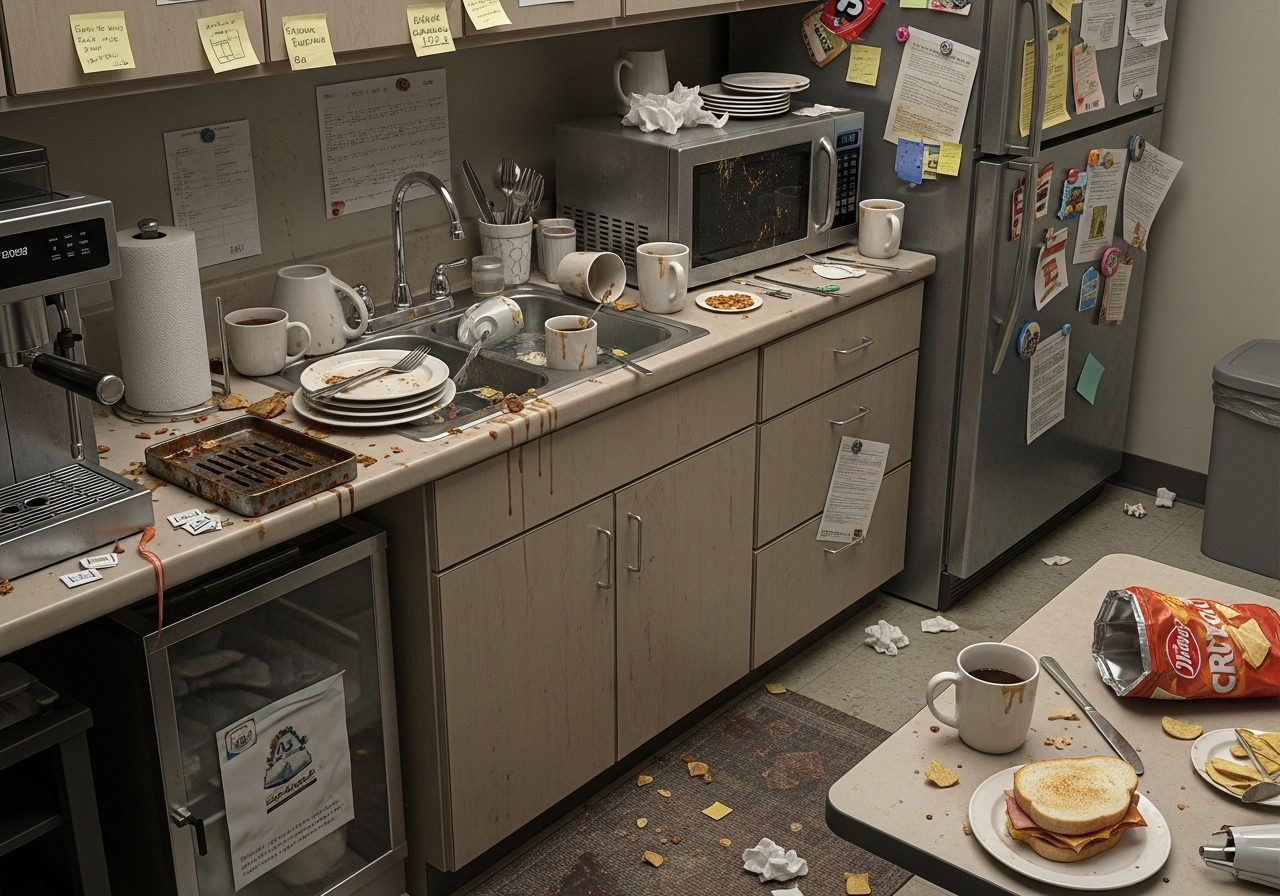 Dirty office break room before cleaning