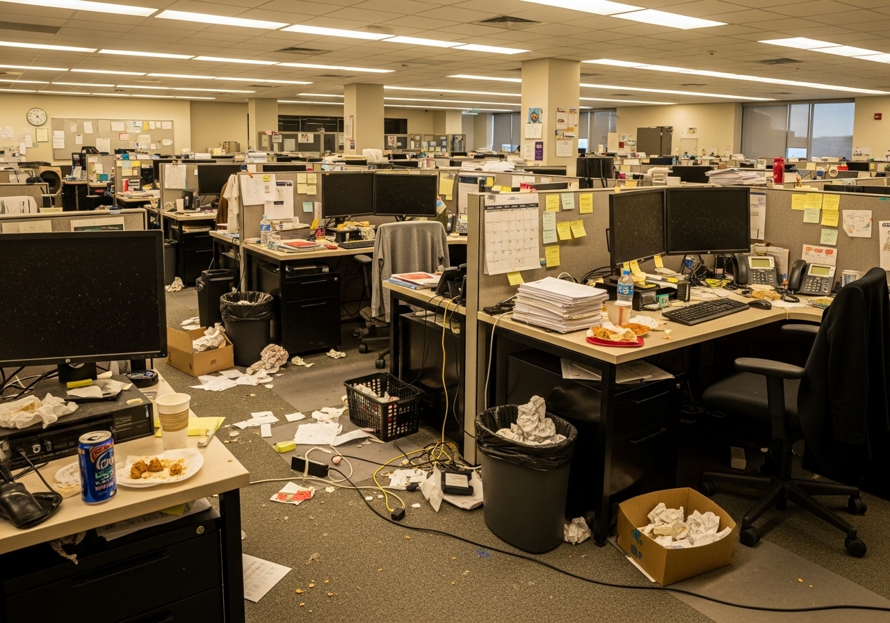 Messy office workspace before cleaning