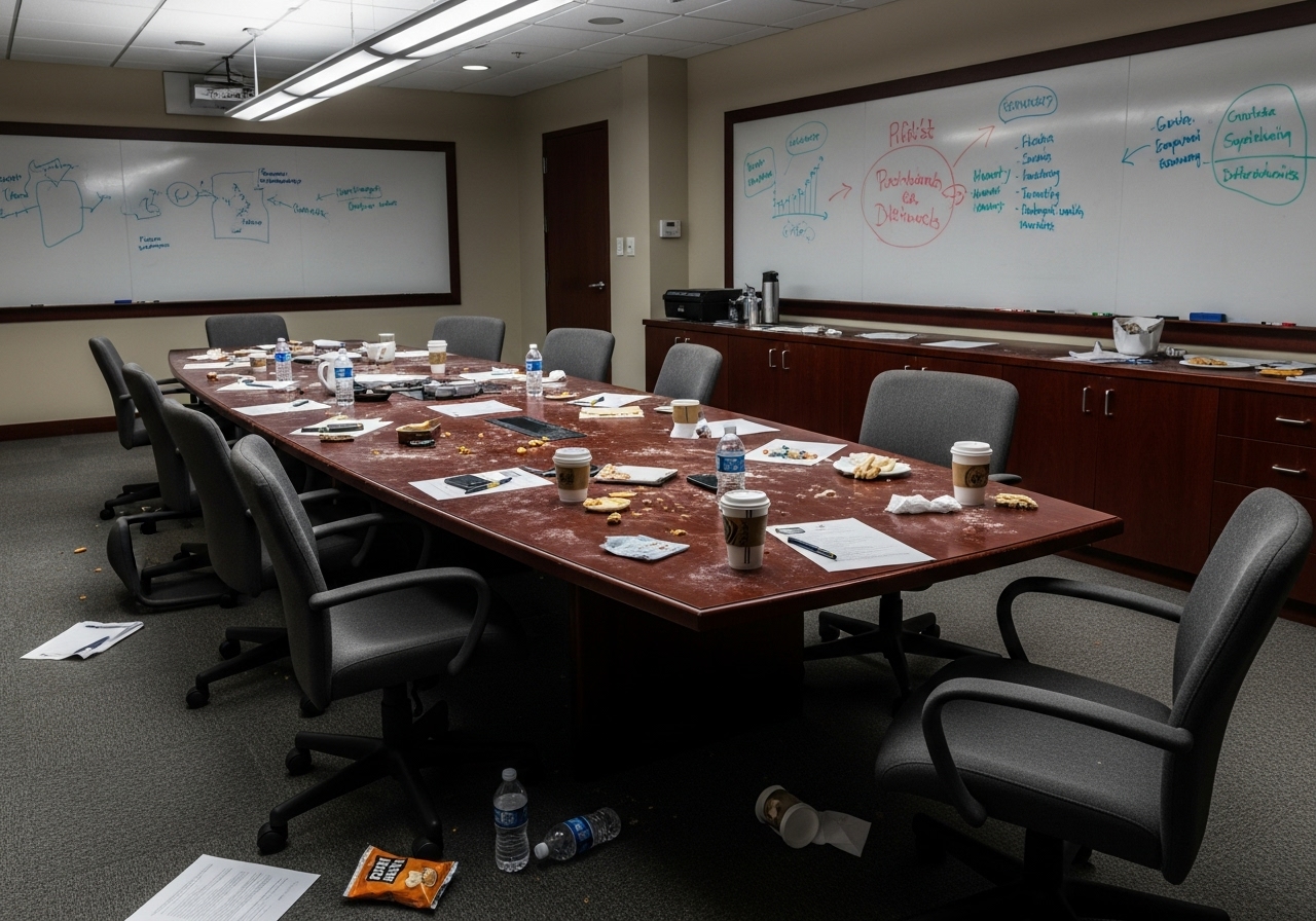 Messy conference room before cleaning